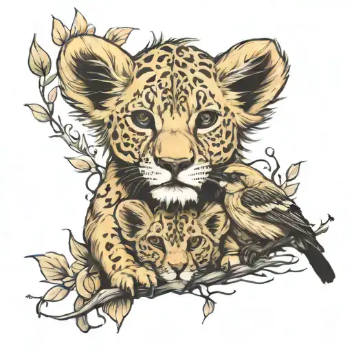 lion cubs and finch bird  tattoo design idea