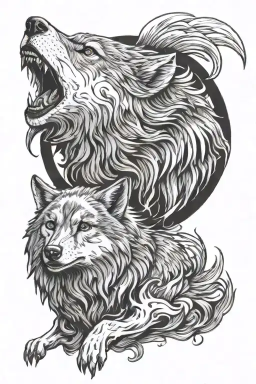 grey wolf howling with a pheonix flying behind the wolf tattoo design idea