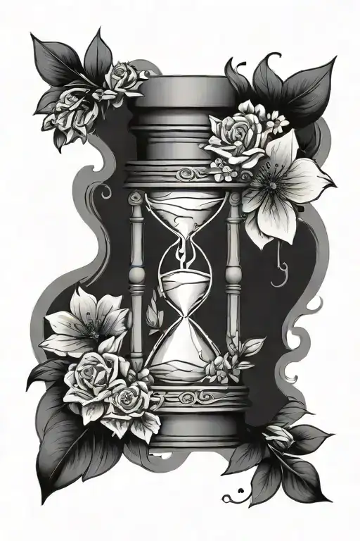 hourglass with crying eye in top surrounded by flowers tattoo design idea