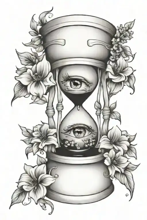 hourglass with crying eye and flowers growing tattoo design idea