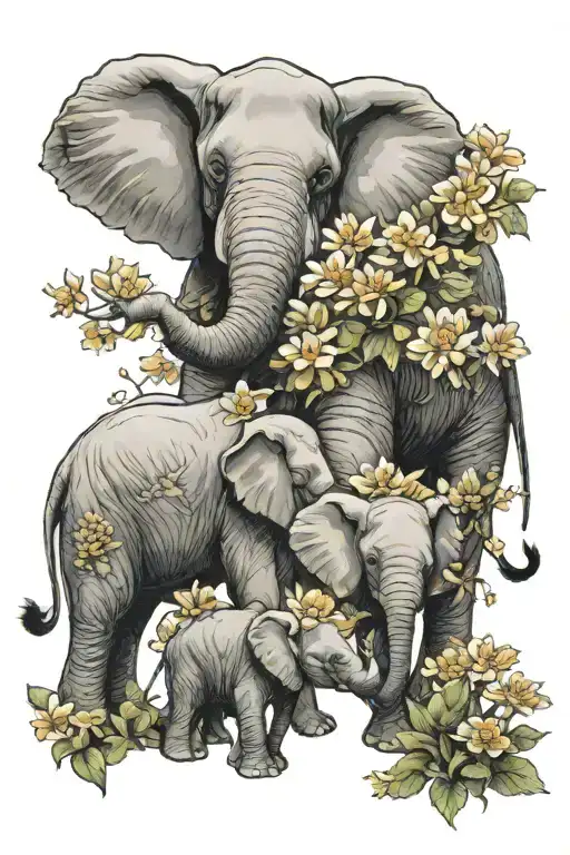 realistic elephant family of 3 with chrysanthemums and sweet peas tattoo design idea