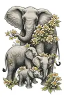 realistic elephant family of 3 with chrysanthemums and sweet peas tattoo design idea