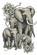 realistic elephant family of 3 with chrysanthemums and sweet peas tattoo design idea