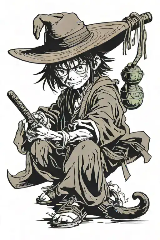 vagabond thinking mitamoto muashi with tanjiro katana sword and monkey d luffys straw hat and jujutsu Kaisan aspects  tattoo design idea