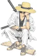 vagabond thinking mitamoto muashi with tanjiro katana sword with a straw hat and three swords  tattoo design idea