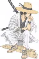 vagabond thinking mitamoto muashi with tanjiro katana sword with a straw hat and three swords  tattoo design idea