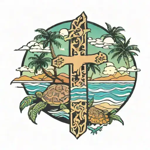 full arm sleeve of a beach with a cross and palm trees with a turtle  tattoo design idea