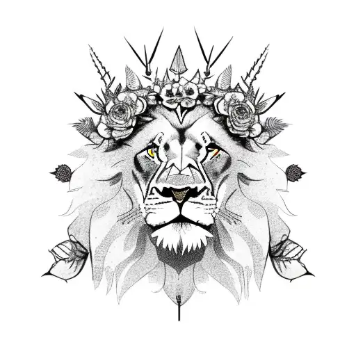Lion with thorn crown and flowers around him tattoo design idea