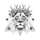 Lion with thorn crown and flowers around him tattoo design idea