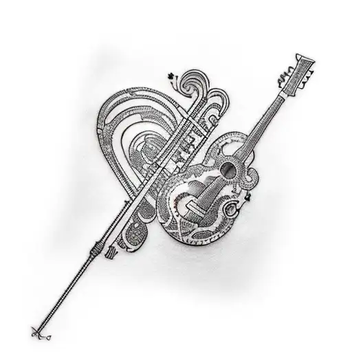 Arm tattoo with musical instruments, guitar, bass, drums, keyboards and microphone tattoo design idea
