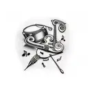 Arm tattoo with musical instruments, guitar, bass, drums, keyboards and microphone tattoo design idea