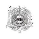 Arm tattoo with musical instruments, guitar, bass, drums, keyboards and microphone tattoo design idea