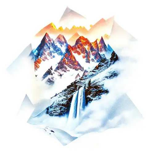 Mountain Scene, waterfall, hike trail tattoo design idea