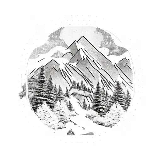 Mountain Scene, waterfall, hiking trail, black and white tattoo design idea