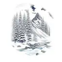 Mountain Scene, waterfall, hike trail tattoo design idea