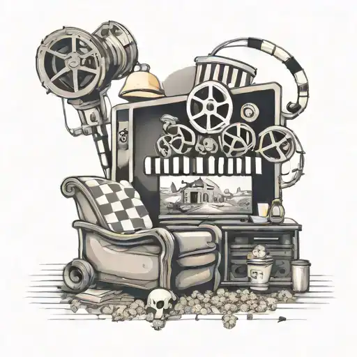 A tattoo design of a cozy living room scene with a film reel and popcorn, showcasing your favorite things to do - hanging out and watching movies tattoo design idea