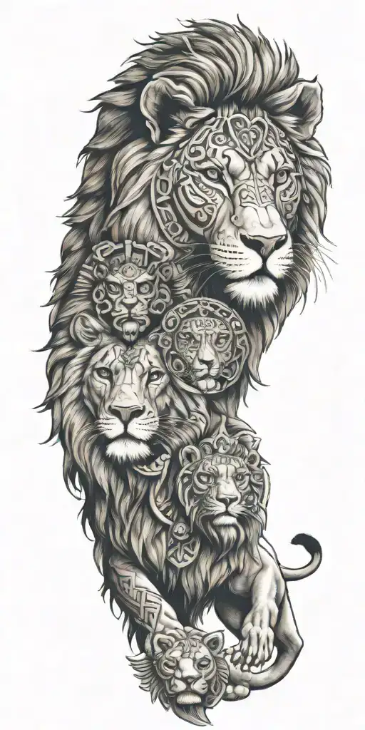 lion and Alexander the great and aztec warrior tattoo design idea