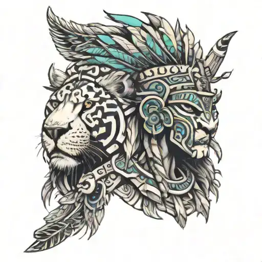 aztec warrior and a lion   tattoo design idea