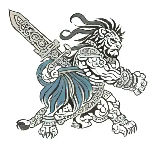 aztec warrior and a lion   tattoo design idea