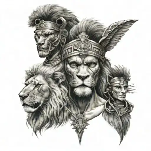lion and greek warrior and female aztec warrior   tattoo design idea