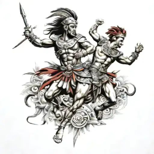 Alexander the great and aztec warrior battling tattoo design idea