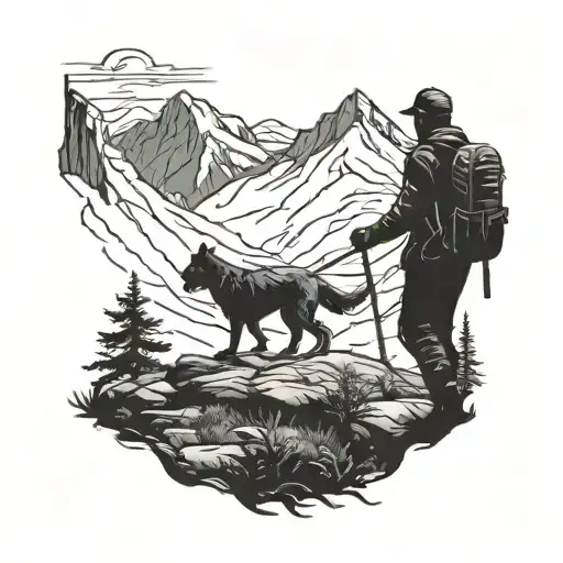 A silhouette of a hunter hiking through the mountains with his loyal dog by his side tattoo design idea