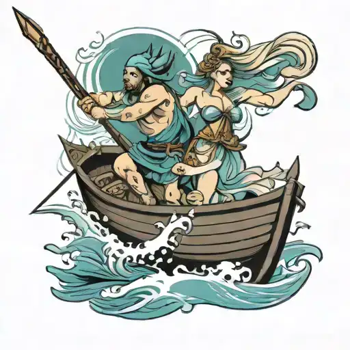 guy in boat sailing with spear and fat women in water tattoo design idea
