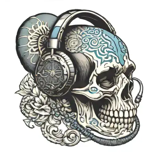 human skull wearing headphones with an elephant tattooed on its forehead  tattoo design idea