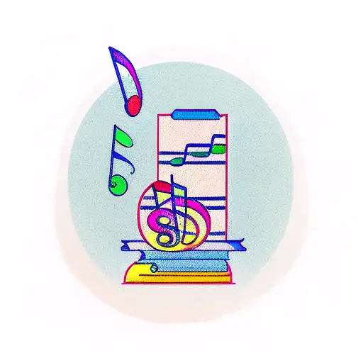 A stack of books with a camera lens peeking out, surrounded by musical notes and concert tickets tattoo design idea