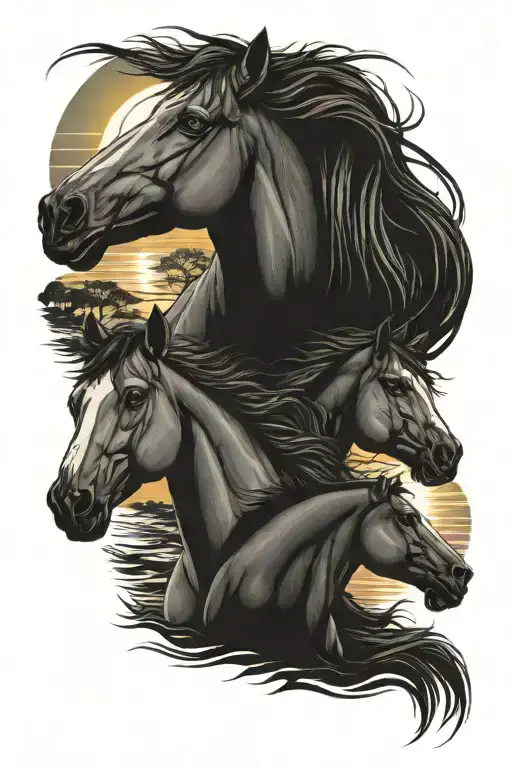 blue eyes, wild horses, sun rising tattoo design idea