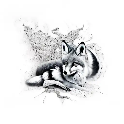 half black half white split through middle  fox full body sitting  tattoo design idea