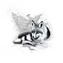 half black half white split through middle  fox full body sitting  tattoo design idea