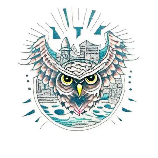 scary owl, a persian rug, and a post apocalyptic city scape tattoo design idea