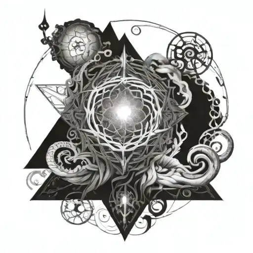 A surreal depiction of a spiritual awakening, with intricate patterns symbolizing psychosis intertwined with divine imagery tattoo design idea