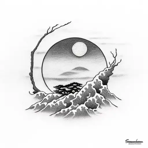 bonsai tree with waves and the moon tattoo design idea