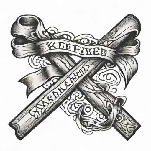 cancer ribbon intertwined within a cross tattoo with the date march 15th 2021 in Roman numerals tattoo design idea