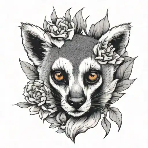 A black-grey tattoo of a lemurs face with peony petals falling around it like a crown tattoo design idea