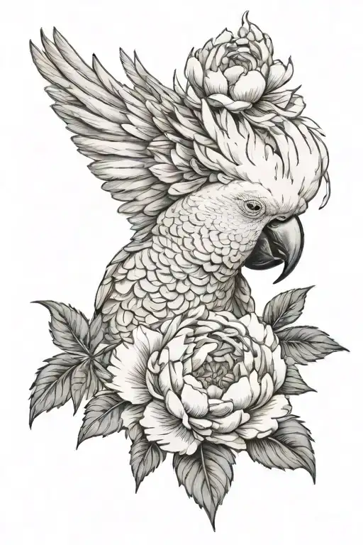 cockatoo and peony flowers tattoo design idea