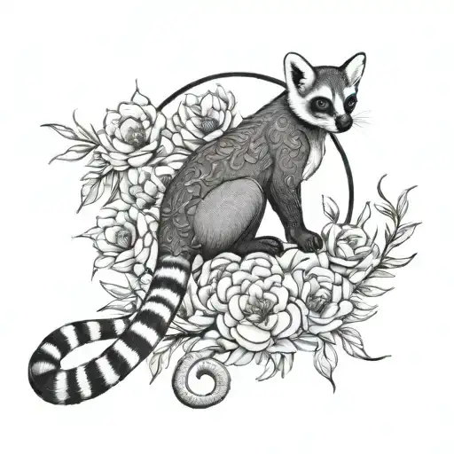 An intricate black-grey tattoo of a lemurs silhouette intertwined with peony vines tattoo design idea
