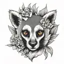 A black-grey tattoo of a lemurs face with peony petals falling around it like a crown tattoo design idea