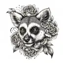 A black-grey tattoo of a lemurs face with peony petals falling around it like a crown tattoo design idea