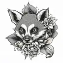 A black-grey tattoo of a lemurs face with peony petals falling around it like a crown tattoo design idea
