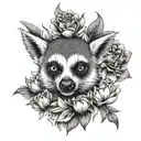 A black-grey tattoo of a lemurs face with peony petals falling around it like a crown tattoo design idea