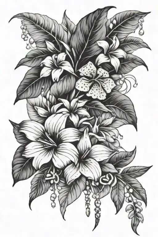 anthurium, plumeria, hibiscus, Bougainvillea, monstera, cow lilly, orchids, dream catcher, feathers, and pearls  tattoo design idea