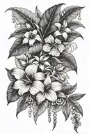 anthurium, plumeria, hibiscus, Bougainvillea, monstera, cow lilly, orchids, dream catcher, feathers, and pearls  tattoo design idea