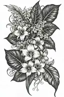 anthurium, plumeria, hibiscus, Bougainvillea, monstera, cow lilly, orchids, dream catcher, feathers, and pearls  tattoo design idea