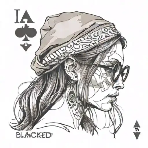 skinny girl in profile, very long aquiline nose, glasses, long straight brown hair, ace of spades card, text:blacked tattoo design idea