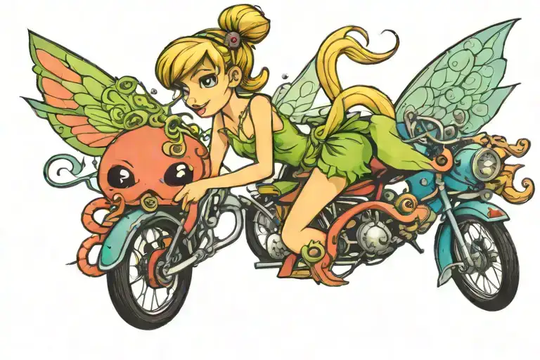 tinkerbell and an octopus riding a bike tattoo design idea