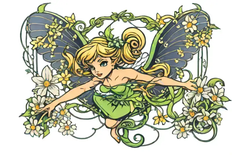 Tinkerbell swinging from an octopus swing wrapped in daisies tattoo design idea