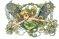 Tinkerbell swinging from an octopus swing wrapped in daisies tattoo design idea